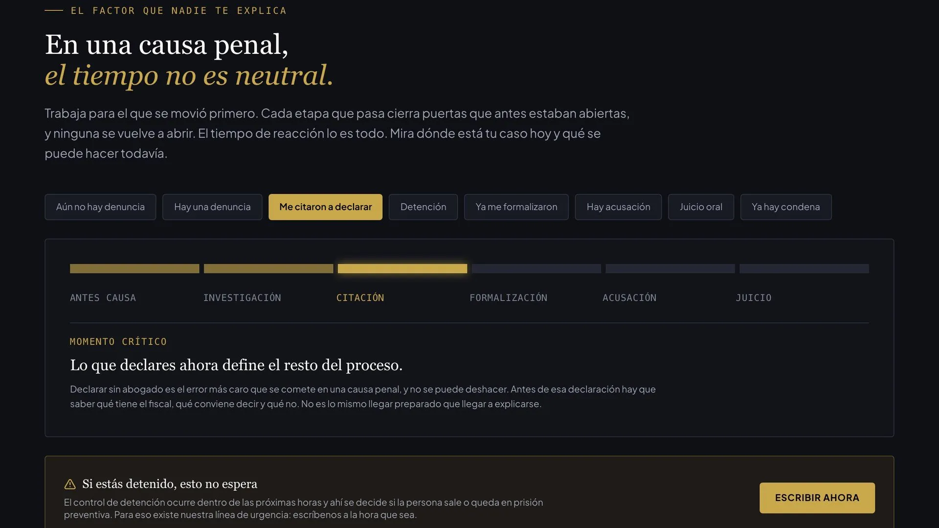 Selector de etapas del sitio de Santander Gamboa, con la etapa 'me citaron a declarar' seleccionada.