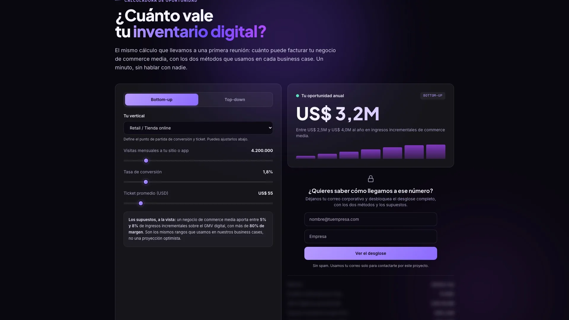 Calculadora de oportunidad del sitio de AndesML, con el método bottom-up y el resultado anual estimado.