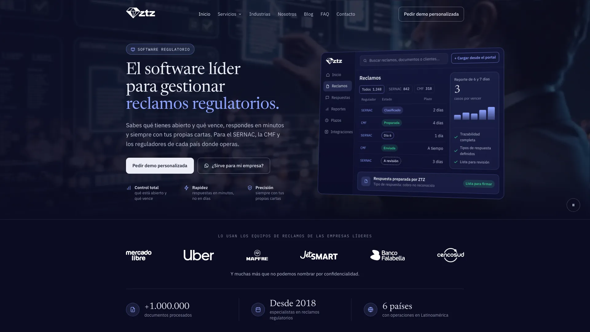 Sitio de ZTZ, software para reclamos regulatorios