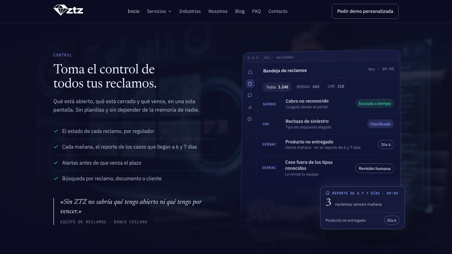 Sección Control del sitio de ZTZ: el título Toma el control de todos tus reclamos y una bandeja ilustrada con una tarjeta que avisa que tres reclamos vencen mañana.
